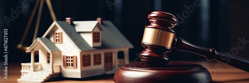 Real estate arbitration law. Gavel and house model. Banner