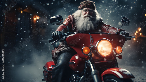 Modern Santa Claus riding a chopper motorcycle photo