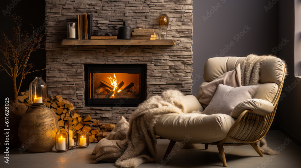 A cozy room with a burning fireplace, a comfortable chair with a blanket, time for winter holidays and Christmas celebrations. country house interior with simple clean lines and natural materials A cozy room with a burning fireplace, a comfortable chair with a blanket, time for winter holidays and Christmas celebrations. country house interior with simple clean lines and natural materials