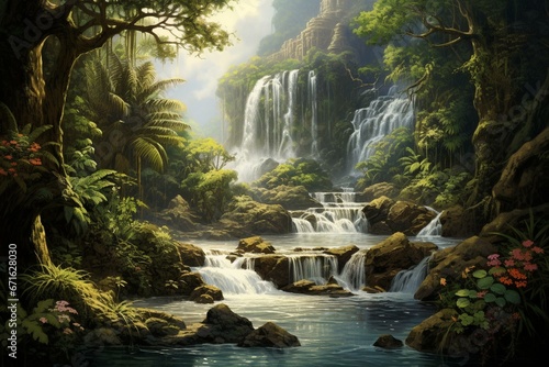 An artwork depicting a cascading waterfall amidst a lush woodland. Generative AI