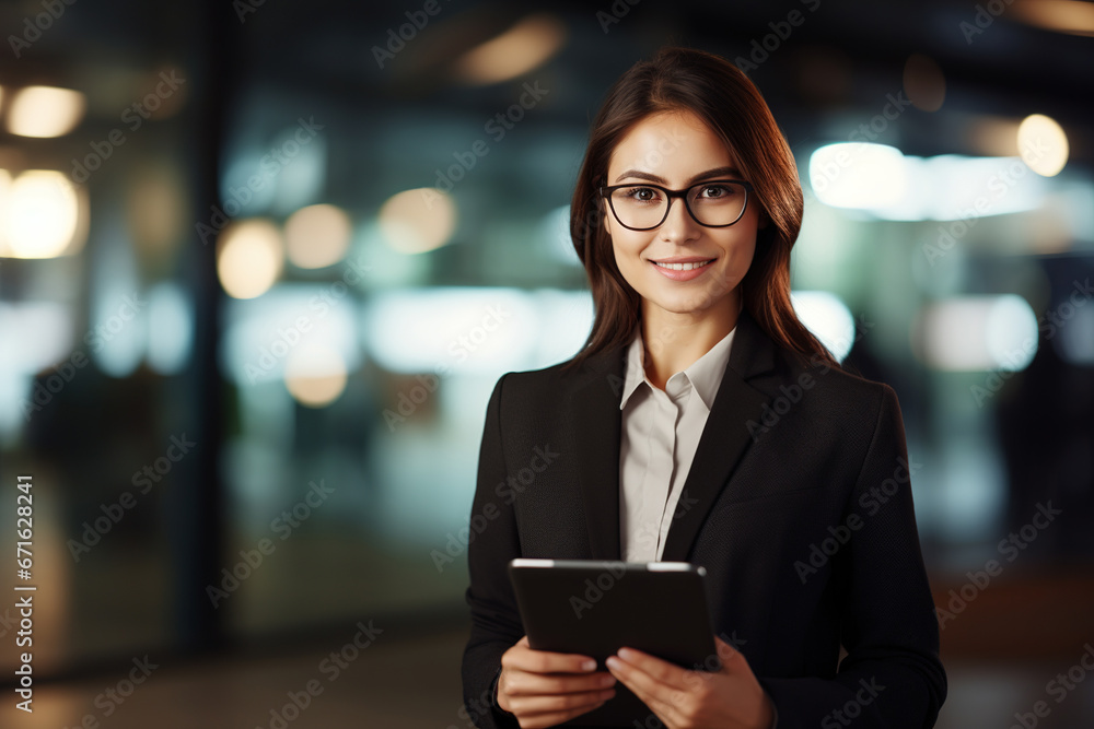 An attractive female manager, standing in a corporate office, smiles as she uses a digital tablet. Business lady bank consultant with a tablet. Concept of business and financial technologies. An attractive female manager, standing in a corporate office, smiles as she uses a digital tablet. Business lady bank consultant with a tablet. Concept of business and financial technologies.