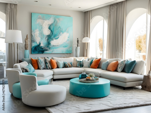 Modern furniture with bright colors, soft light, decorative frames. Reception interior design. living room interior