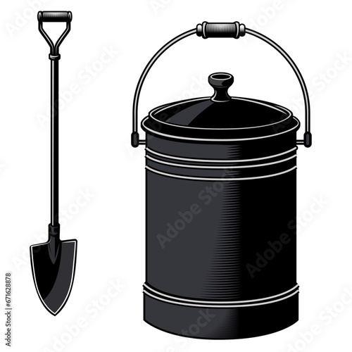 Black ash bucket for fireplace and shovel, vector illustration, Fireplace equipment, stock vector image
