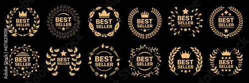 Best seller badge collection. Set of best seller emblem with laurel wreath, crown and star icon. Best seller label collection. Best seller icons for product label