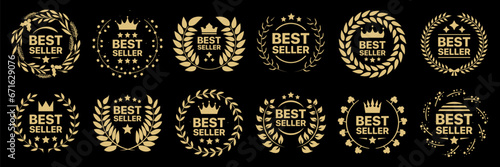 Best seller badge collection. Set of best seller emblem with laurel wreath, crown and star icon. Best seller label collection. Best seller icons for product label