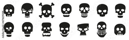 Skull icons in black. Set of skull signs. Death, caution, mortality, warning, poison symbols. Funny skull logo. Death skull or human skull icons