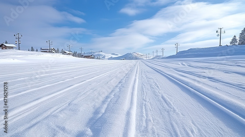 a empty ski resort with tracks in the snow
