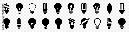 Light bulb icons in black. Electric lamp icons. Idea, brainstorm, energy symbols. Lighting electric lamp signs. Set of black lightbulb icons