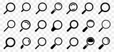 Magnifying glass icons in black on a transparent background. Set of different search icons. Simple magnifier signs. Black Magnifying glass icons