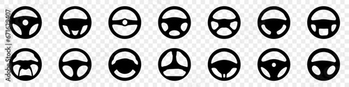 Steering wheel icons in black on a transparent background. Set of simple car steering wheel signs. Steering wheel icons. Steering wheel symbol collection