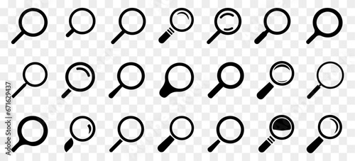 Magnifying glass icons in black on a transparent background. Set of different search icons. Simple magnifier signs. Black Magnifying glass icons photo