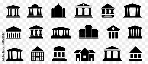 Bank icons in black on a transparent background. Set of different museum icons. Simple bank signs. Black architecture signs