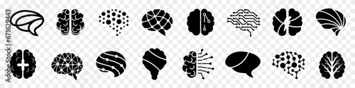 Brain icons in black on a transparent background. Set of different brain icons. Simple brain signs. Black brain icons