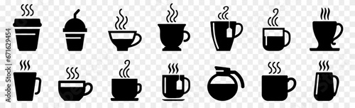 Coffee cup icons in black on a transparent background. Set of different tea cup icons. Simple coffee or tea signs. Black hot drinks icons