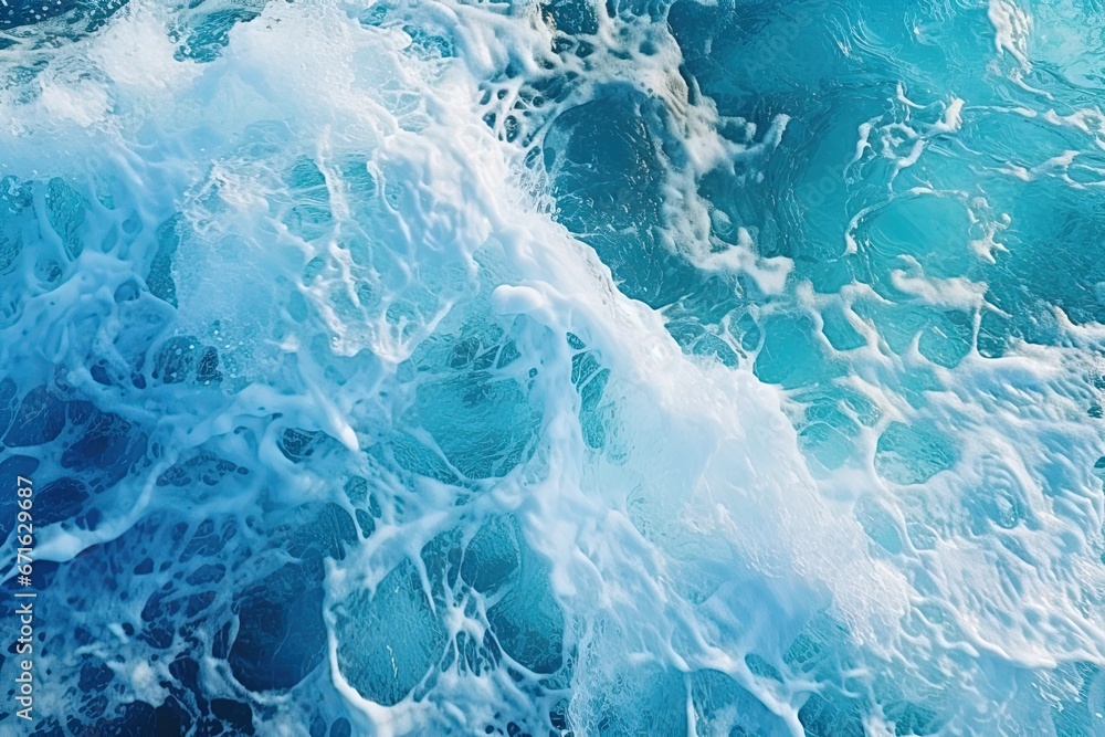 Top view of bright blue clear sea wave with sea foam