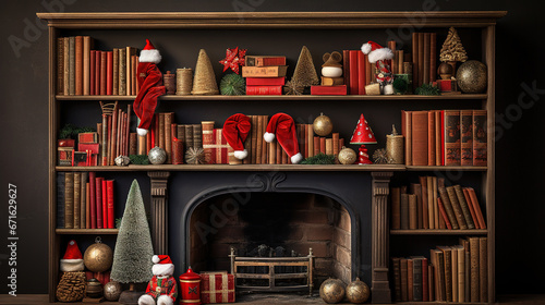A Cozy Christmas Fireplace with Bookshelves: A Festive and Inviting Scene