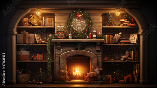 A Cozy Christmas Fireplace with Bookshelves: A Festive and Inviting Scene