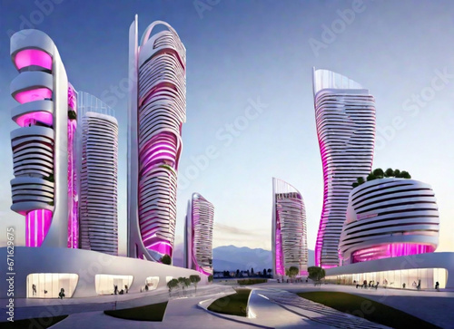 Panorama di una colorata città futuristica di giorno. IA generativa photo