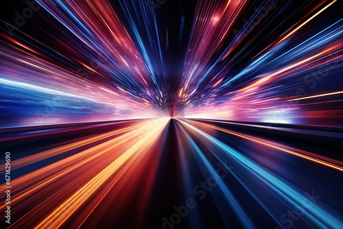 Abstract futuristic glowing neon purple blue orange light trails in high speed motion