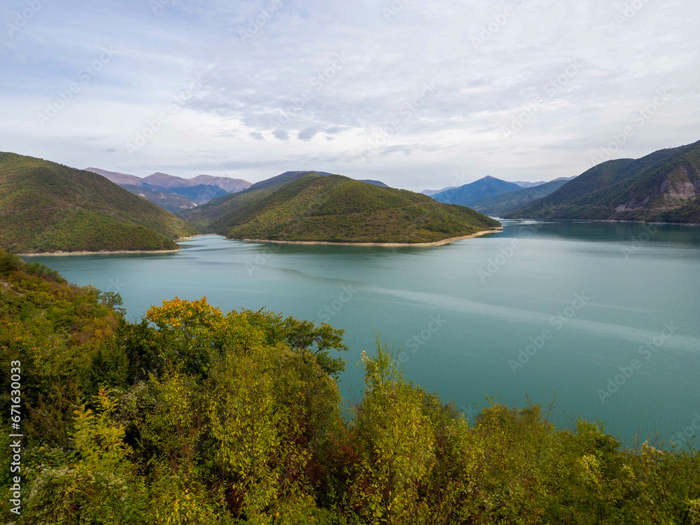 The beautiful mountain  and blue water in Zhinvali reservoir, Georgia.