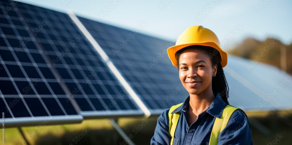 engineer woman in front of solar panels, copy space for text, clean energy concept, banner background engineer woman in front of solar panels, copy space for text, clean energy concept, banner background