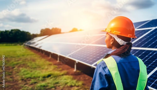  engineer woman in front of solar panels, copy space for text, clean energy concept, banner background
