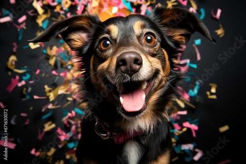 Young adorable black and brown dog on a blurred background of flying colorful confetti
