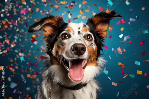 Young adorable white black and brown dog on a blurred background of flying colorful confetti