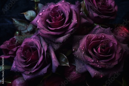 Enigmatic fantasy adorned with dark crimson and purple roses. Generative AI