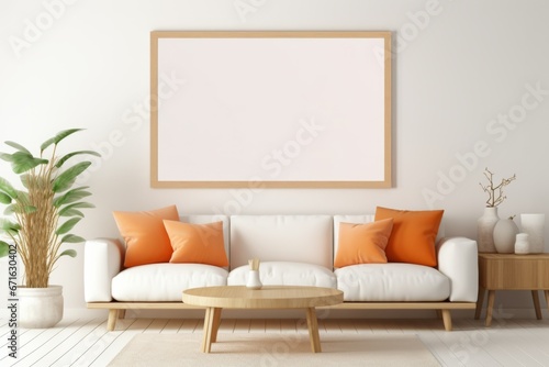 Modern interior design with poster artwork mock up template. Blank empty picture frame for poster or painting photo