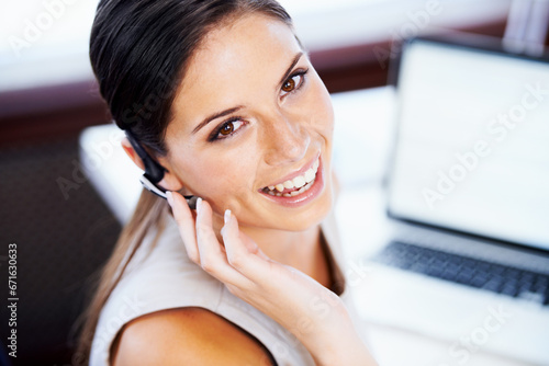 Call center, woman and portrait in office for communication, telecom questions and customer service support at laptop. Face, happy telemarketing agent and receptionist with microphone for CRM contact