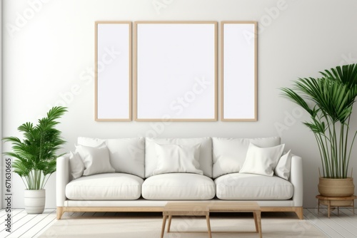 Mockup frame in interior background, room in light pastel colors, Scandi-Boho style