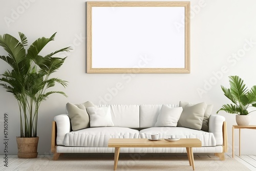 Modern interior design with poster artwork mock up template. Blank empty picture frame for poster or painting