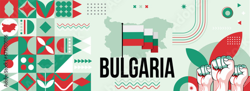 Bulgaria national or independence day banner for bulgarian celebration. Flag and map of Bulgaria with raised fists. Modern retro design with typorgaphy abstract geometric icons. Vector illustration.