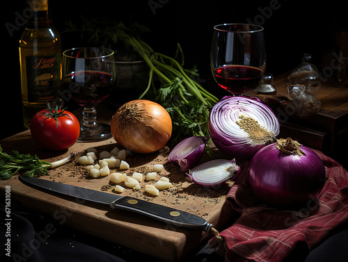 Kitchen Ingredients: Onions and Assorted Vegetables Ready for Chopping