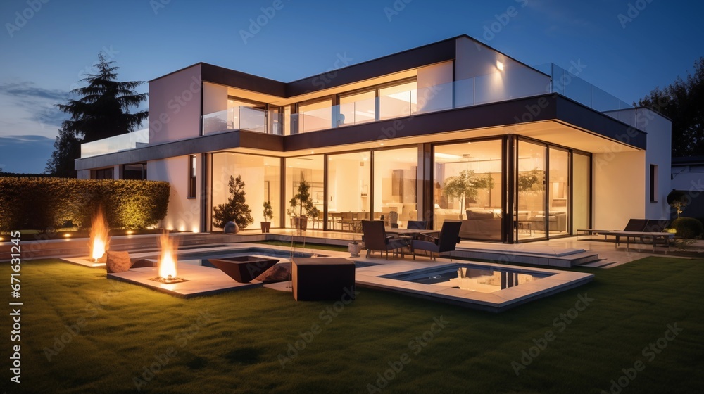 luxurious modern house exterior with evening lighting and a beautifully landscaped garden