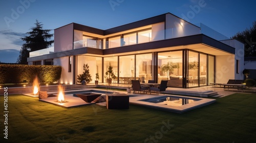luxurious modern house exterior with evening lighting and a beautifully landscaped garden © id512