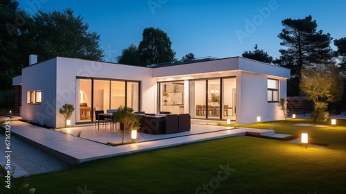 a luxurious modern house exterior with garden and evening lighting © id512