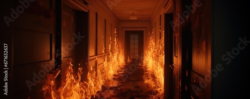 Blazing inferno in a hallway  Great for stories on crime  arson  firefighters and more. 