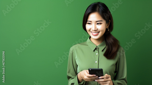 Young woman smiling happy pretty and holding mobile phone. Typing message doing ecommerce shopping on cell, using trendy apps on cellphone isolated on green background with copy space.