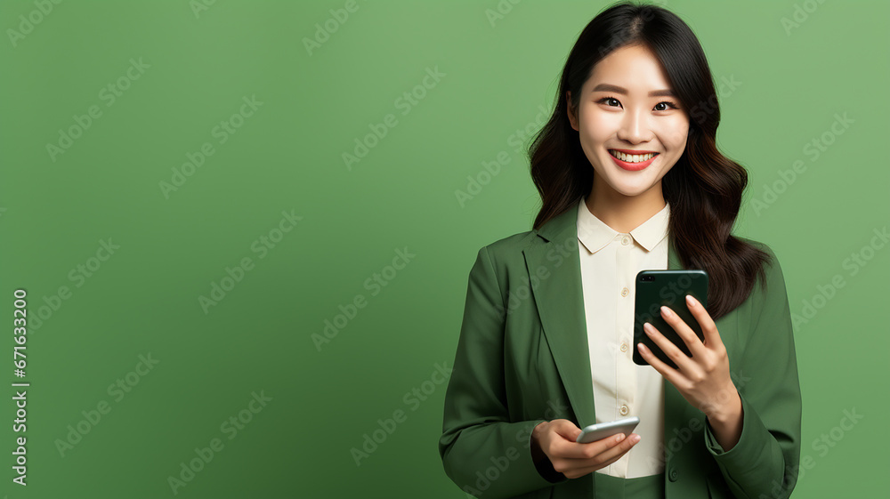 Young woman smiling happy pretty and holding mobile phone. Typing message doing ecommerce shopping on cell, using trendy apps on cellphone isolated on green background with copy space.