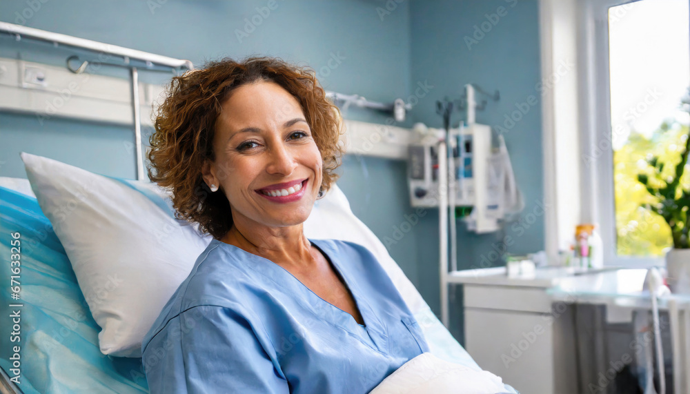 a portrait of a beautiful mature american adult woman patient in a clinic hospital room on a bed receiving good news. happy smiling woman a portrait of a beautiful mature american adult woman patient in a clinic hospital room on a bed receiving good news. happy smiling woman