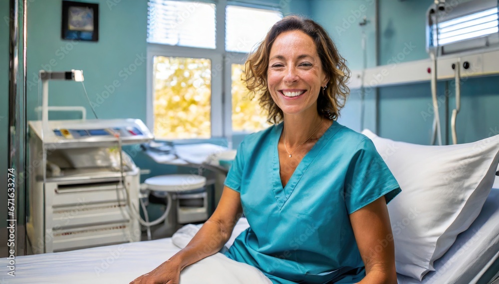 Fototapeta premium a portrait of a beautiful mature american adult woman patient in a clinic hospital room on a bed receiving good news. happy smiling woman