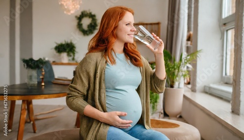  pregnant woman drinking a glass of water at home. Prenatal health and hydration  photo