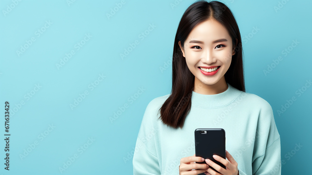 Fototapeta premium Young woman smiling happy pretty and holding mobile phone. Typing message doing ecommerce shopping on cell, using trendy apps on cellphone isolated on blue background with copy space.