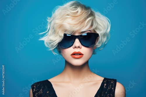 Fashionable and beautiful model in stylish sunglasses and bright makeup on a blue background.