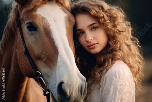 Beautiful young woman posing with a beautiful horse in the countryside. © Iryna