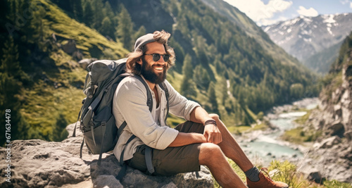 Hombre excursionista sentado en una roca en la montaña sonriendo photo