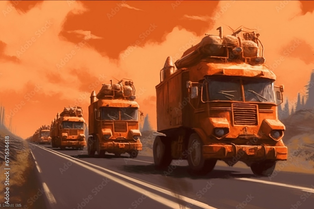 Orange fleet on the road. Generative AI