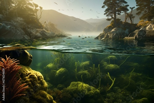 Underwater ecosystem with abundant kelp and immense seaweed. Generative AI